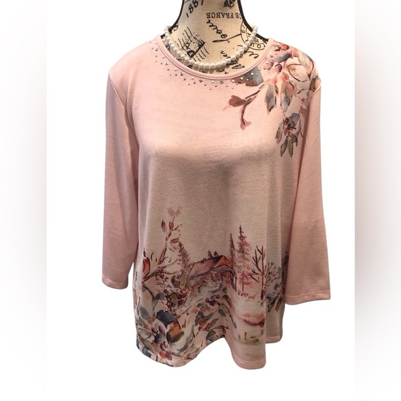 Alfred Dunner Petites PL Floral Knit Pink Women's Top Cottage Core 3/4 Sleeve - Picture 1 of 5